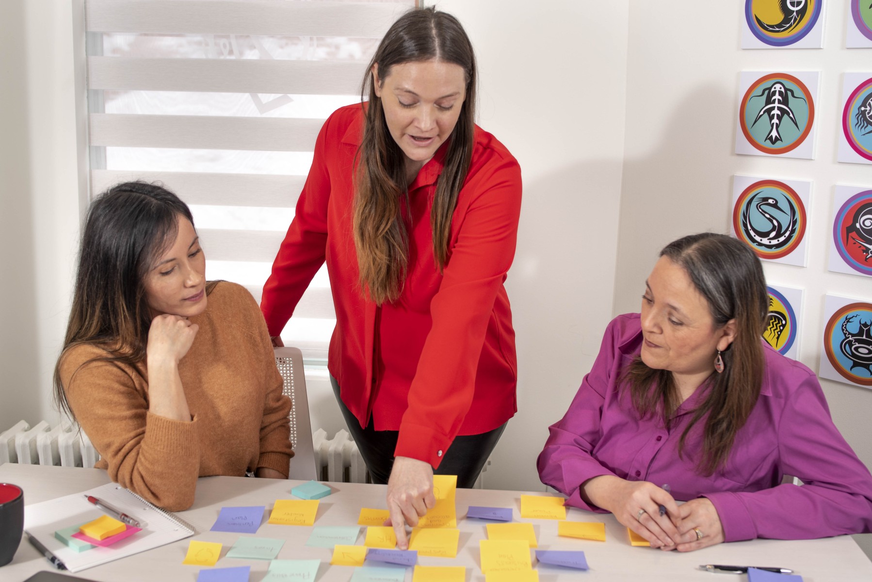 a group of women discussing strategy on sticky notes
