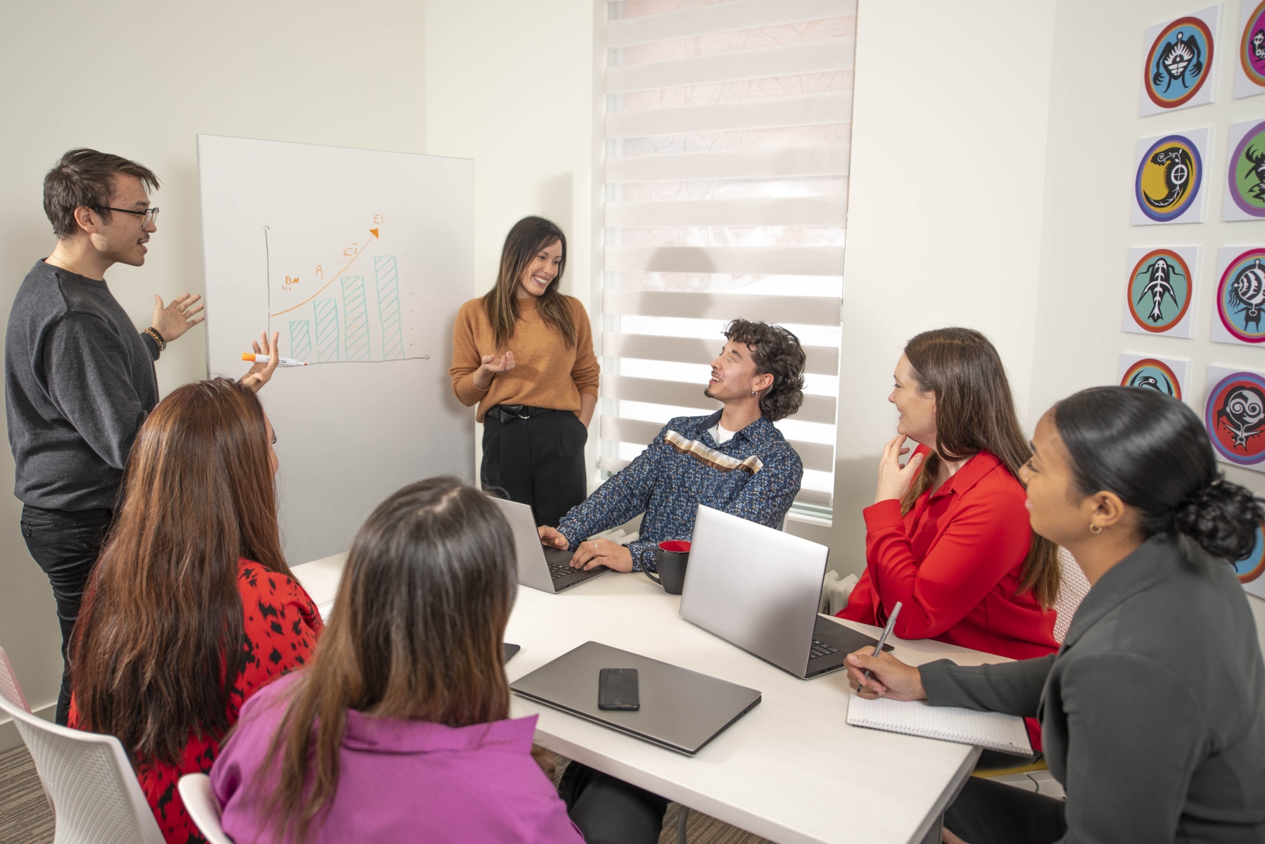 Group of people in a meeting room discussing a chart drawn on a whiteboard while others sit at a table with laptops and notebooks.